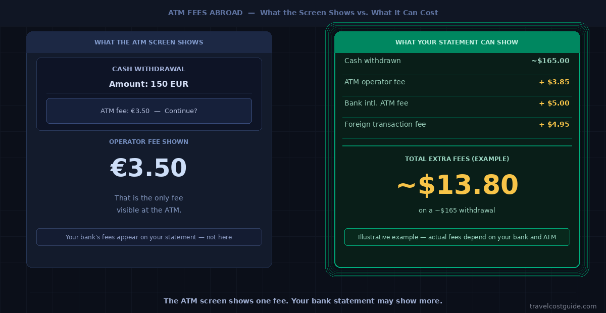 ATM fees abroad comparison showing an ATM screen fee and additional fees that may appear on a bank statement