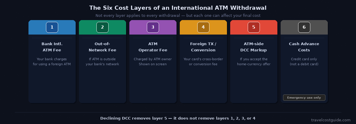 Six cost layers of an international ATM withdrawal including bank ATM fee, out-of-network fee, ATM operator fee, foreign transaction fee, DCC markup, and cash advance costs