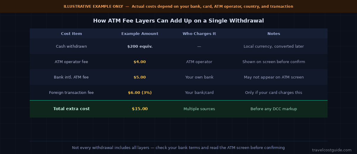 Illustrative example showing how ATM operator fees, bank international ATM fees, and foreign transaction fees can add up on one overseas withdrawal