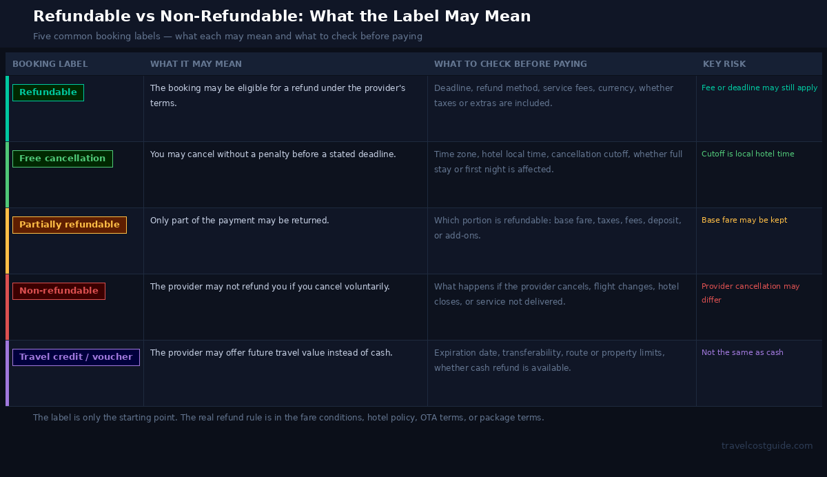 Refundable vs non-refundable travel booking labels comparison for travelers