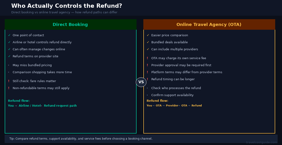 Direct booking vs online travel agency refund process comparison