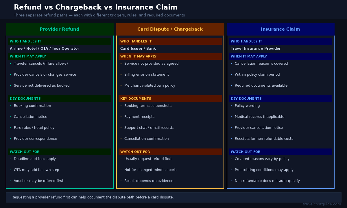 Refund vs chargeback vs travel insurance claim comparison for travel bookings