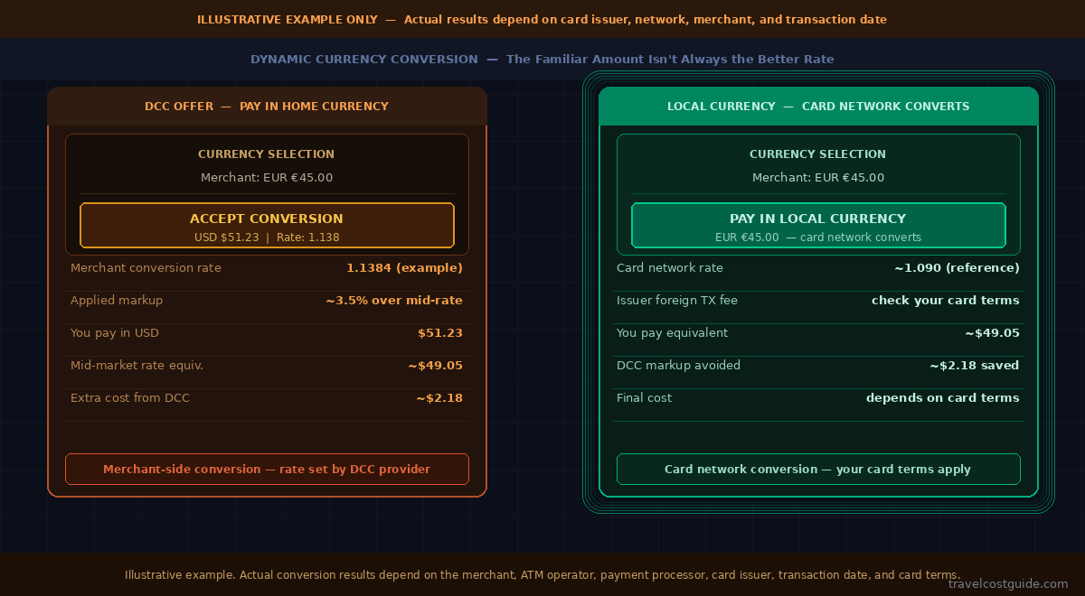 Dynamic currency conversion comparison showing a home currency payment offer versus paying in local currency
