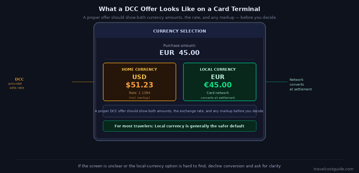 Example of a dynamic currency conversion offer on a card terminal showing home currency and local currency payment options