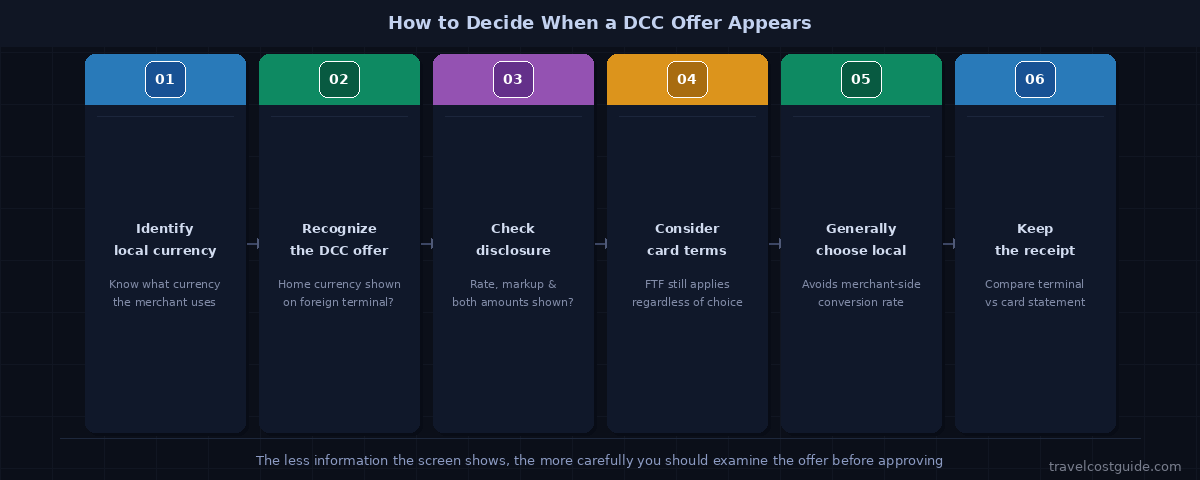 Six step decision process for identifying a dynamic currency conversion offer and choosing local currency in most cases