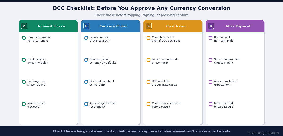 Dynamic currency conversion checklist covering terminal screen, currency choice, card terms, and after payment checks