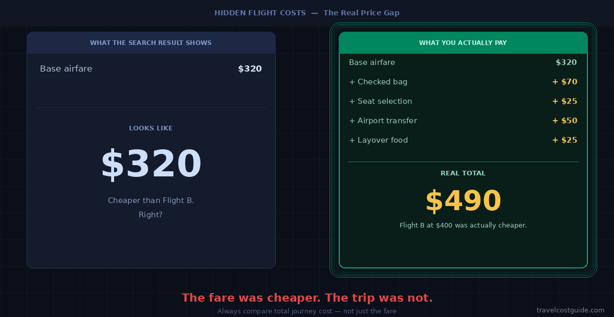 Hidden flight costs comparison showing a 320 dollar base airfare increasing to a 490 dollar real total after baggage, seat selection, airport transfer, and layover food