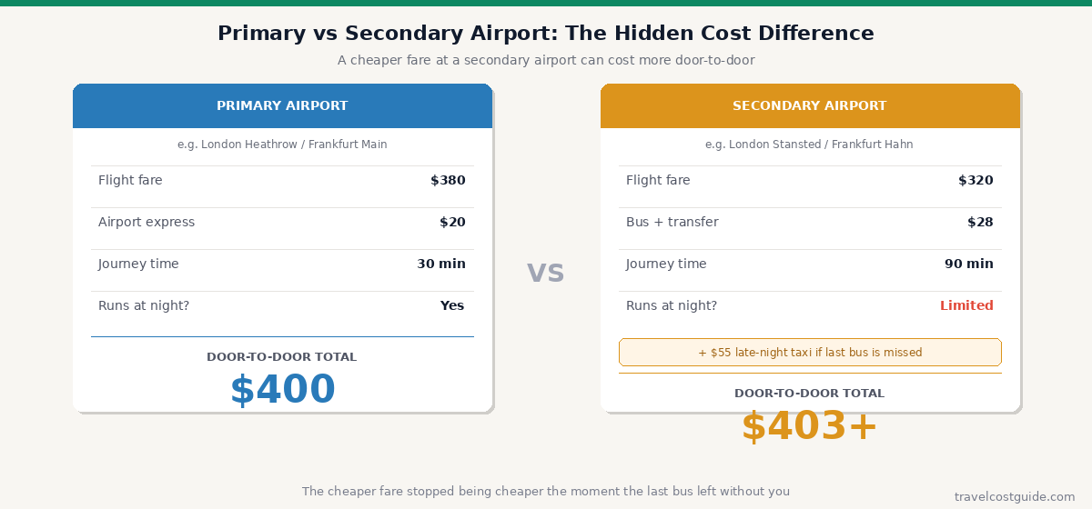 Hidden flight costs comparison showing a 320 dollar base airfare increasing to a 490 dollar real total after baggage, seat selection, airport transfer, and layover food