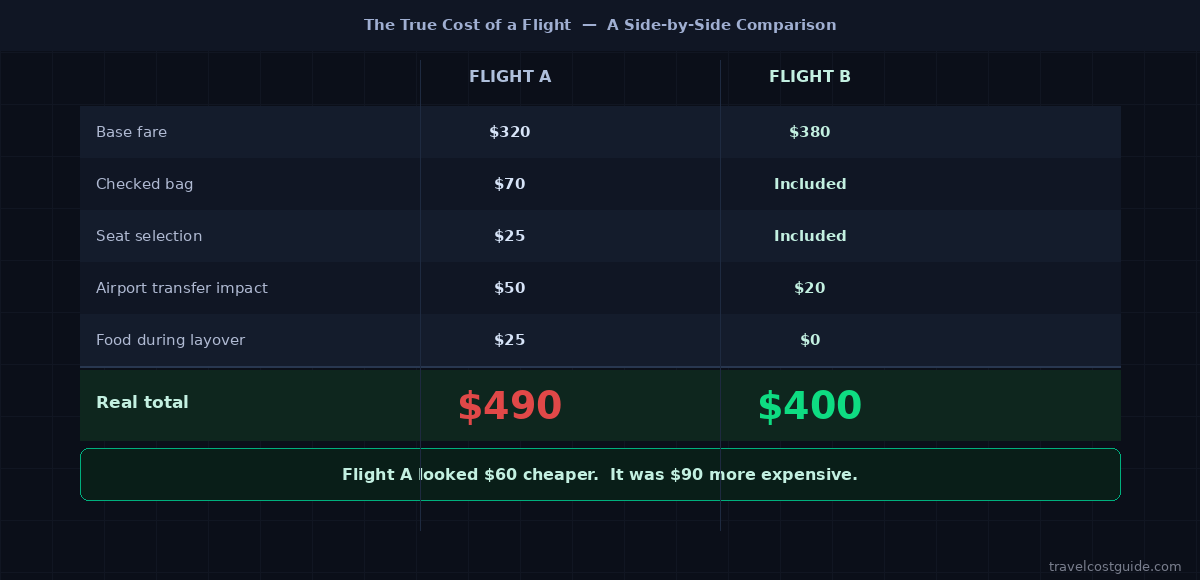 Primary airport versus secondary airport cost comparison showing how a cheaper flight can cost more after airport transfer time and late-night taxi risk