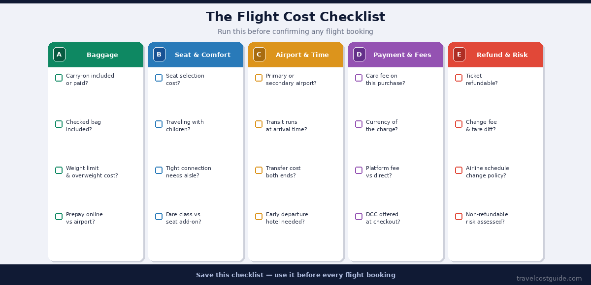 Side-by-side flight cost comparison showing Flight A with a 490 dollar real total and Flight B with a 400 dollar real total after baggage, seats, transfers, and layover costs
