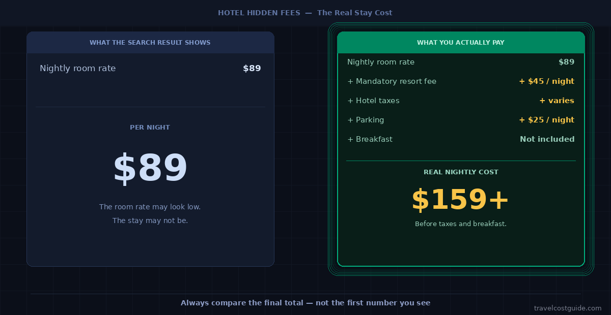 Hotel hidden fees comparison showing an 89 dollar nightly room rate increasing to a 159 dollar plus real nightly cost after resort fees, taxes, parking, and breakfast