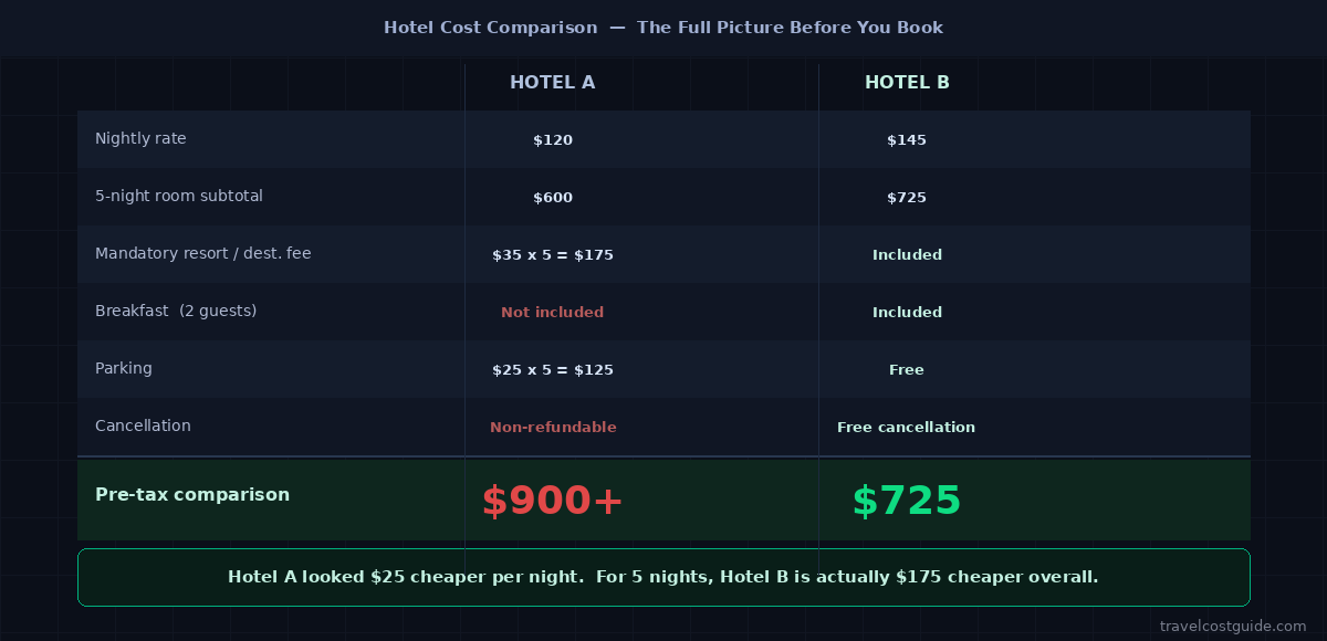 Hotel cost comparison showing Hotel A at 900 dollars plus breakfast cost and Hotel B at 725 dollars after resort fees, parking, breakfast, and cancellation flexibility