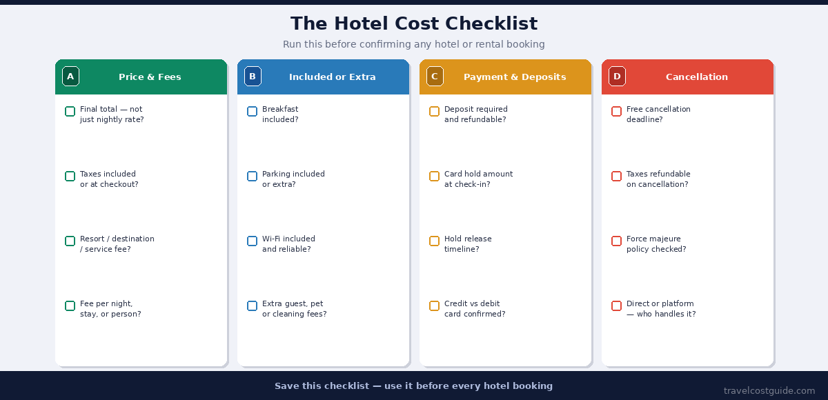 Hotel cost checklist covering price and fees, included extras, payment deposits, and cancellation rules before booking