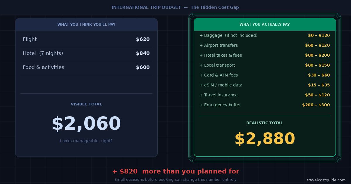 International trip budget comparison showing the gap between visible travel costs and realistic total costs