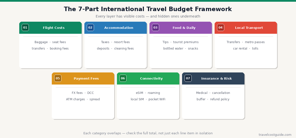 Seven-part international travel budget framework covering flights, accommodation, food, transport, payment fees, connectivity, and insurance