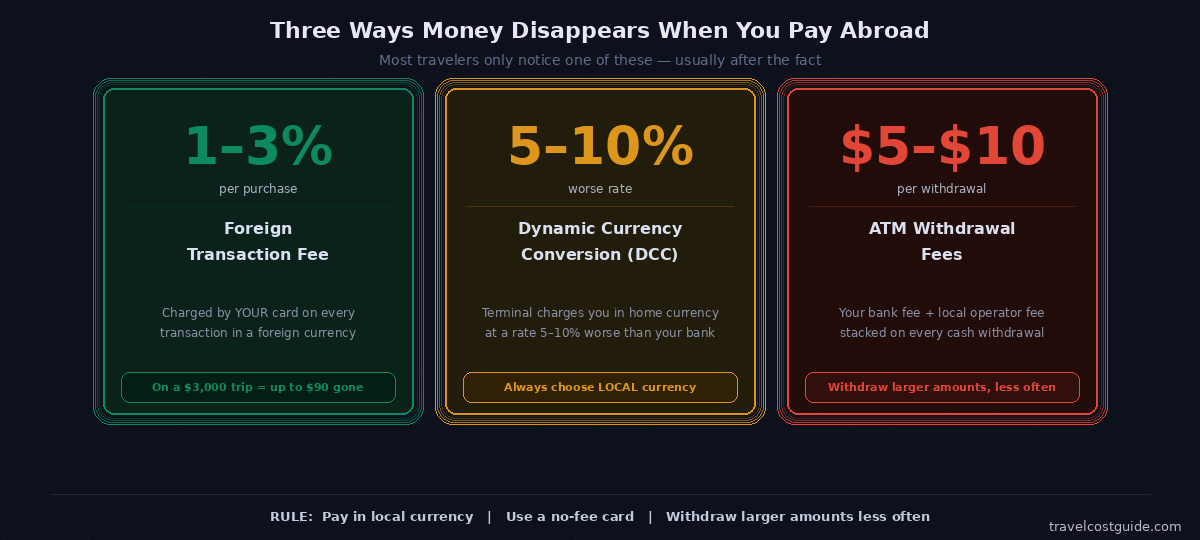 Three common ways travelers lose money abroad through foreign transaction fees, dynamic currency conversion, and ATM withdrawal fees
