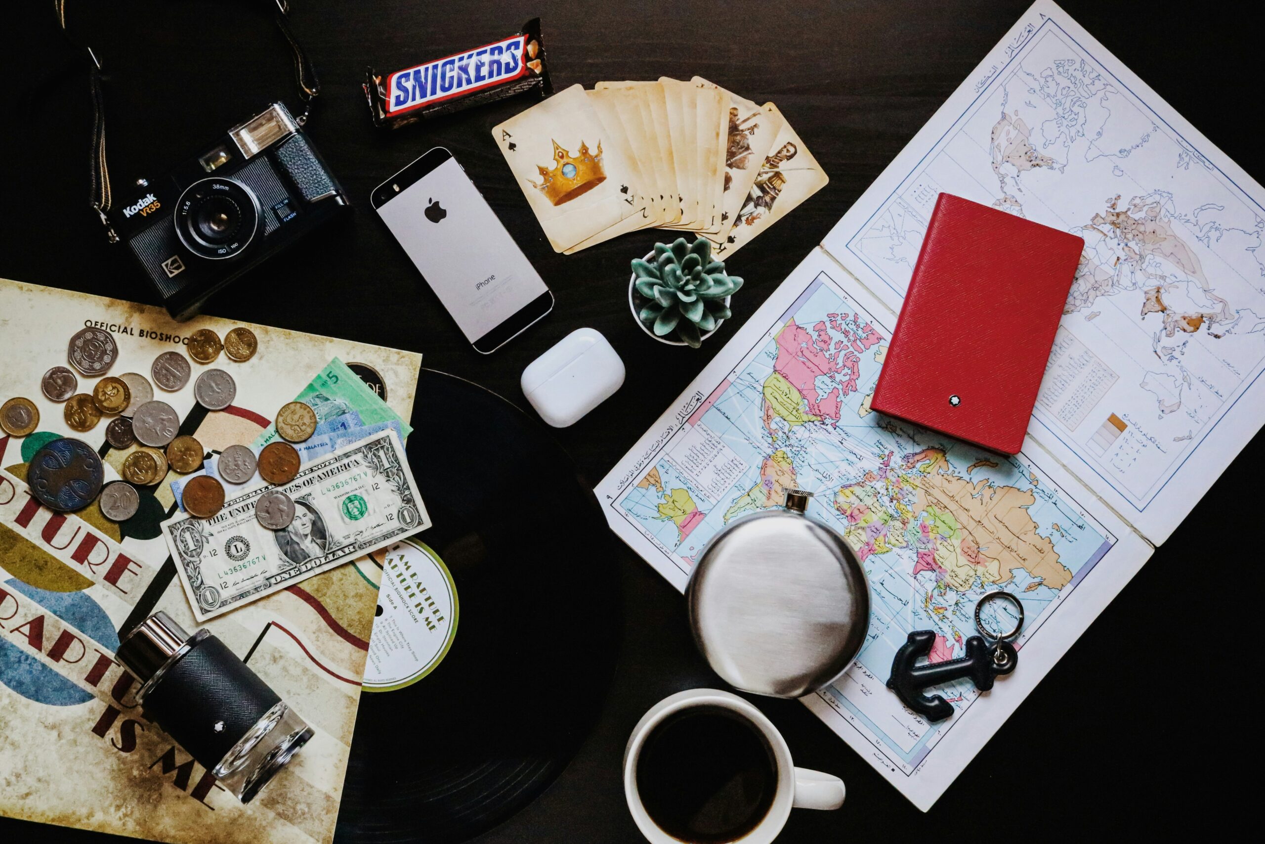Travel planning items including passport map cash phone and documents before booking a trip