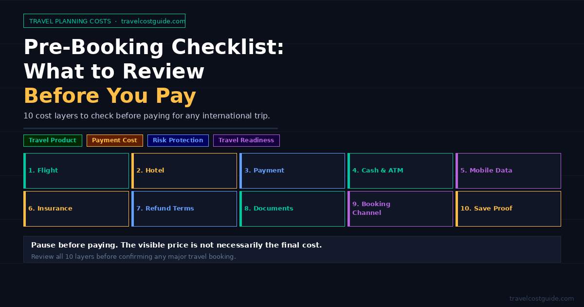 Pre-booking checklist showing ten travel cost layers to review before paying