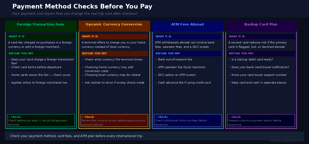 Pre-booking payment checklist for foreign transaction fees currency conversion DCC ATM fees and backup cards