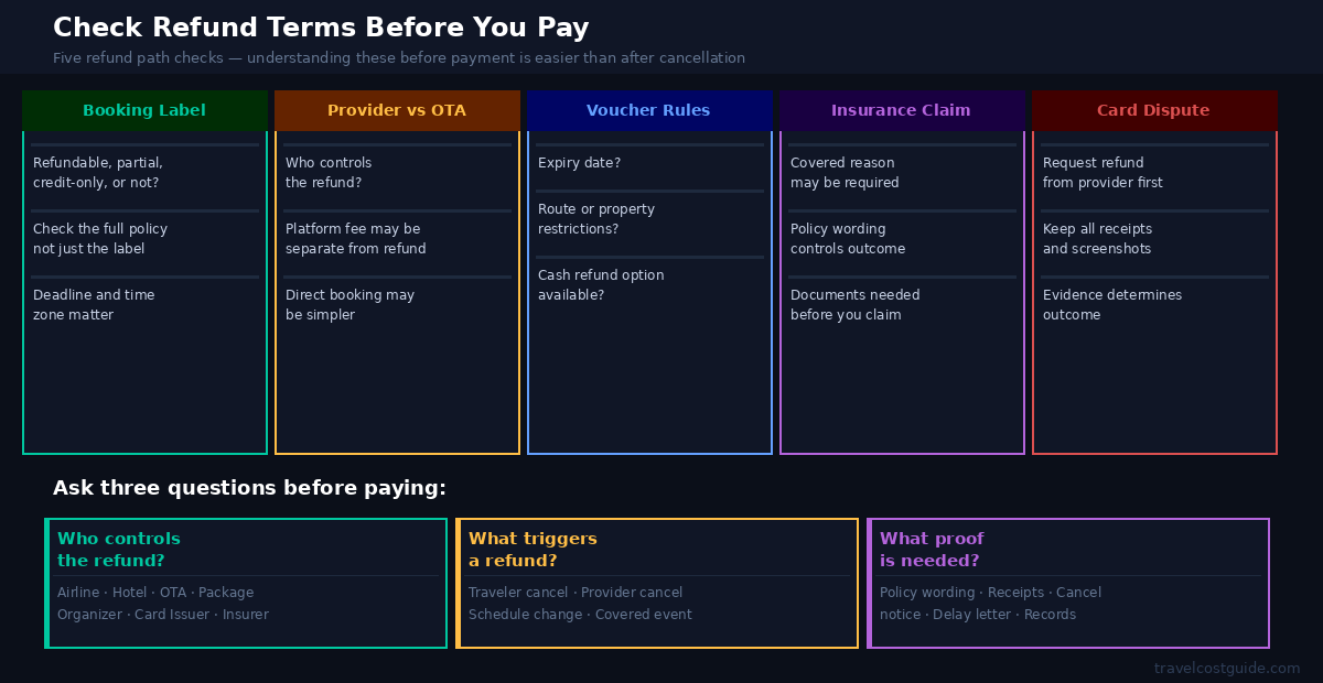 Pre-booking refund checklist for flights hotels tours packages vouchers insurance claims and card disputes