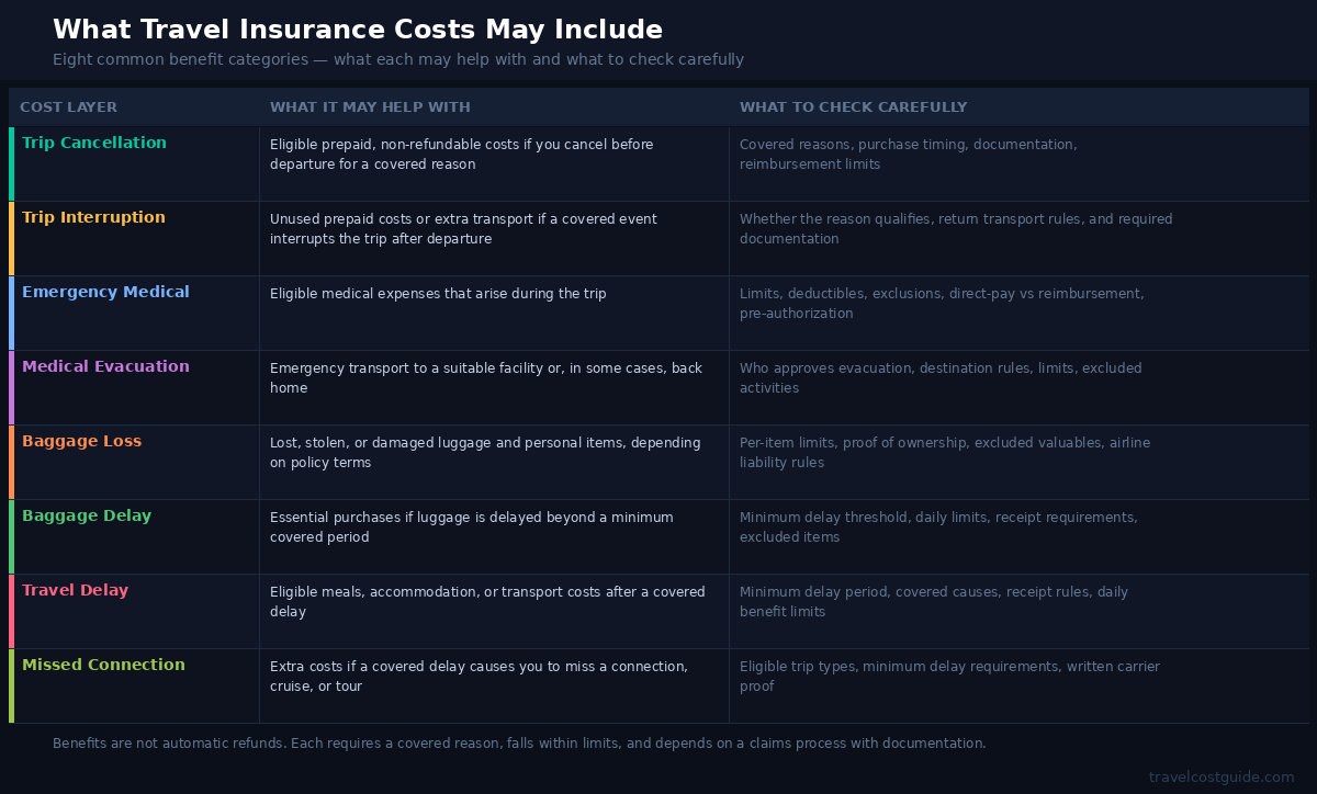 Travel insurance cost layers including cancellation, medical coverage, evacuation, baggage, delays, and exclusions