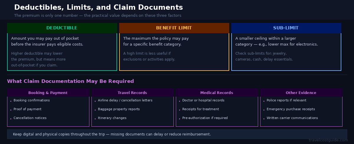 Travel insurance deductibles limits sub-limits and claim document requirements